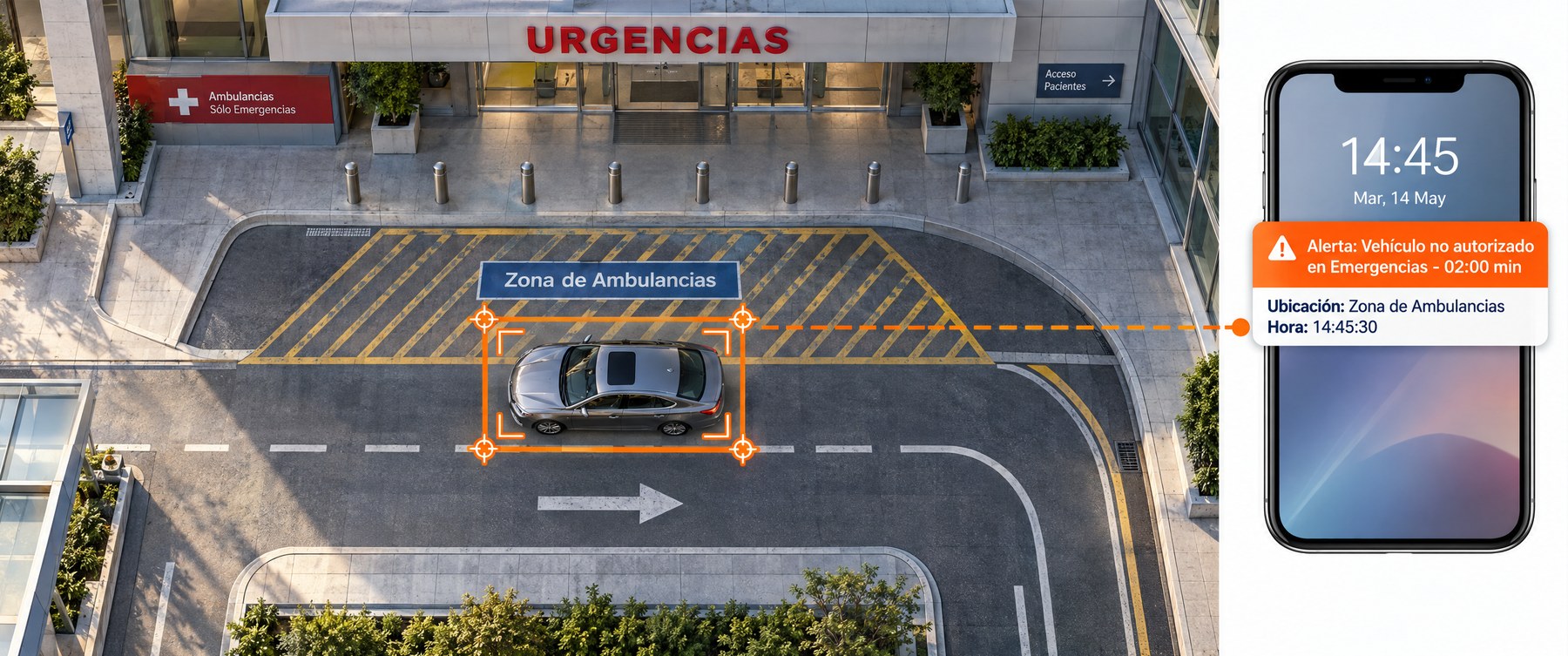 Alerta de vehículo no autorizado en la zona de ambulancias, enviada al celular del equipo de seguridad
